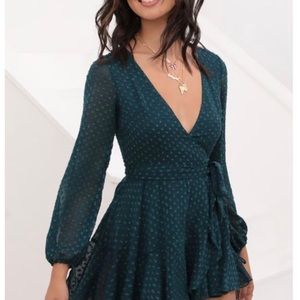 Emerald Green Dotted Chiffon Wrap Dress